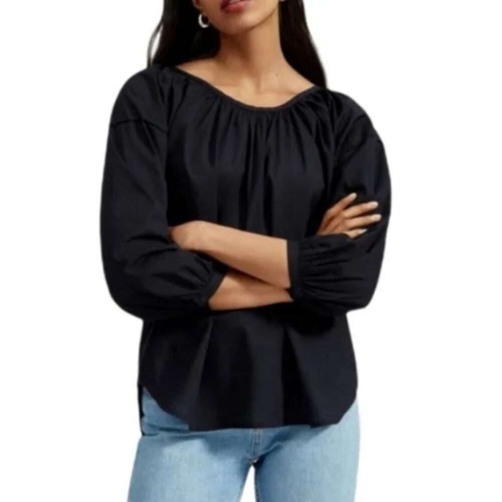 Everlane Ruched Air Blouse Black Cotton 3/4 Sleeve Size 0 NWT
